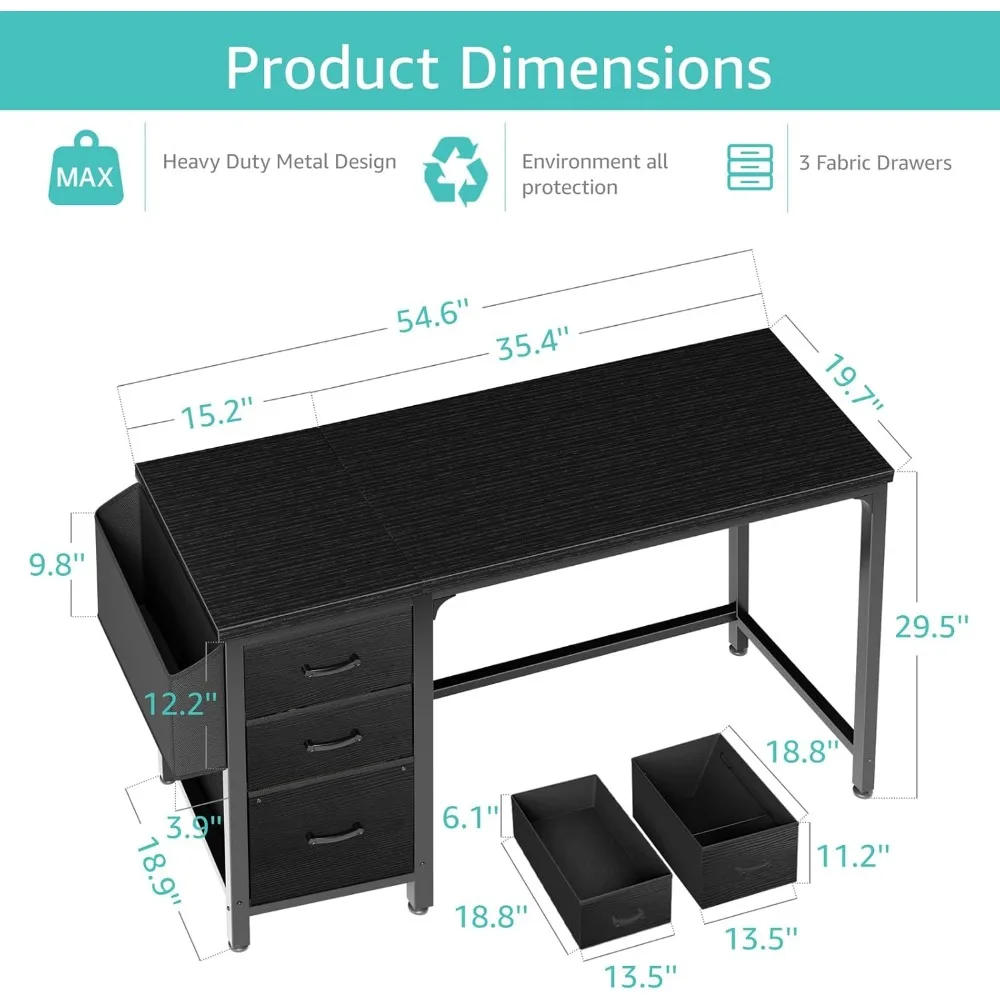 55 Fabric File Drawer Home Office Desk with Reversible Surface for Study & Writing