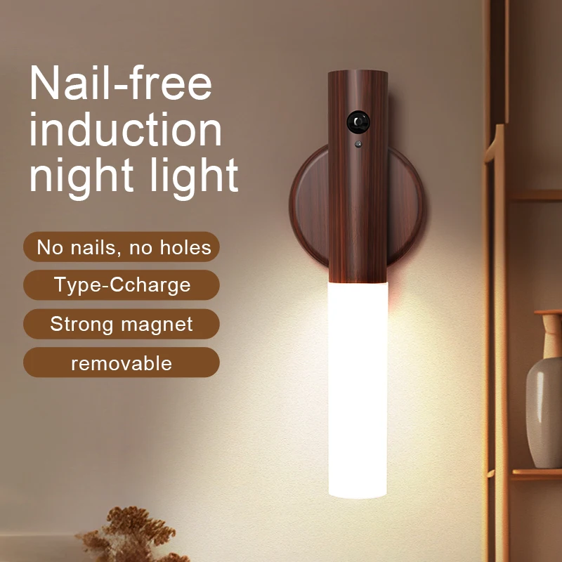 

LED Wood Magnetic Wall Lamp Motion Sensor 3 Colors Night Light For Cabinet Closet Staircase Bedroom Bedside Light Camping Lamp