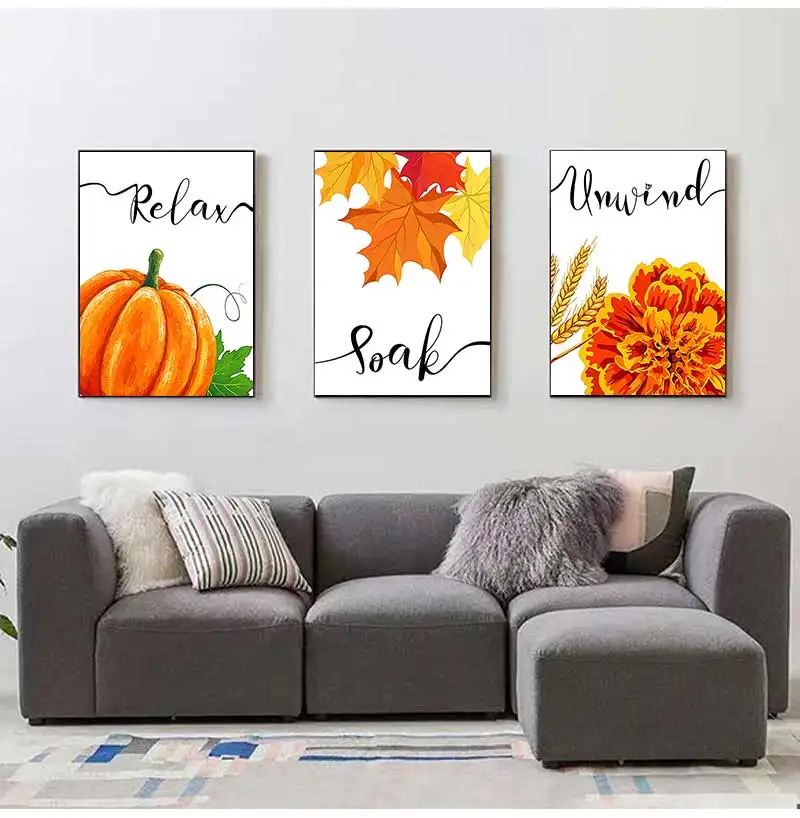 Fall Color Pumpkin Maple Leaves Wheat Ears Canvas Painting Relax Soak Unwind Breathe Letter Poster Bathroom Wall Art Home Decor