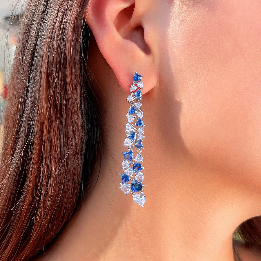 ThreeGraces Elegant Shiny Synthetic Tanzanite Long Heart Bridal Wedding Earrings for Women Luxury Evening Party Jewelry E1988