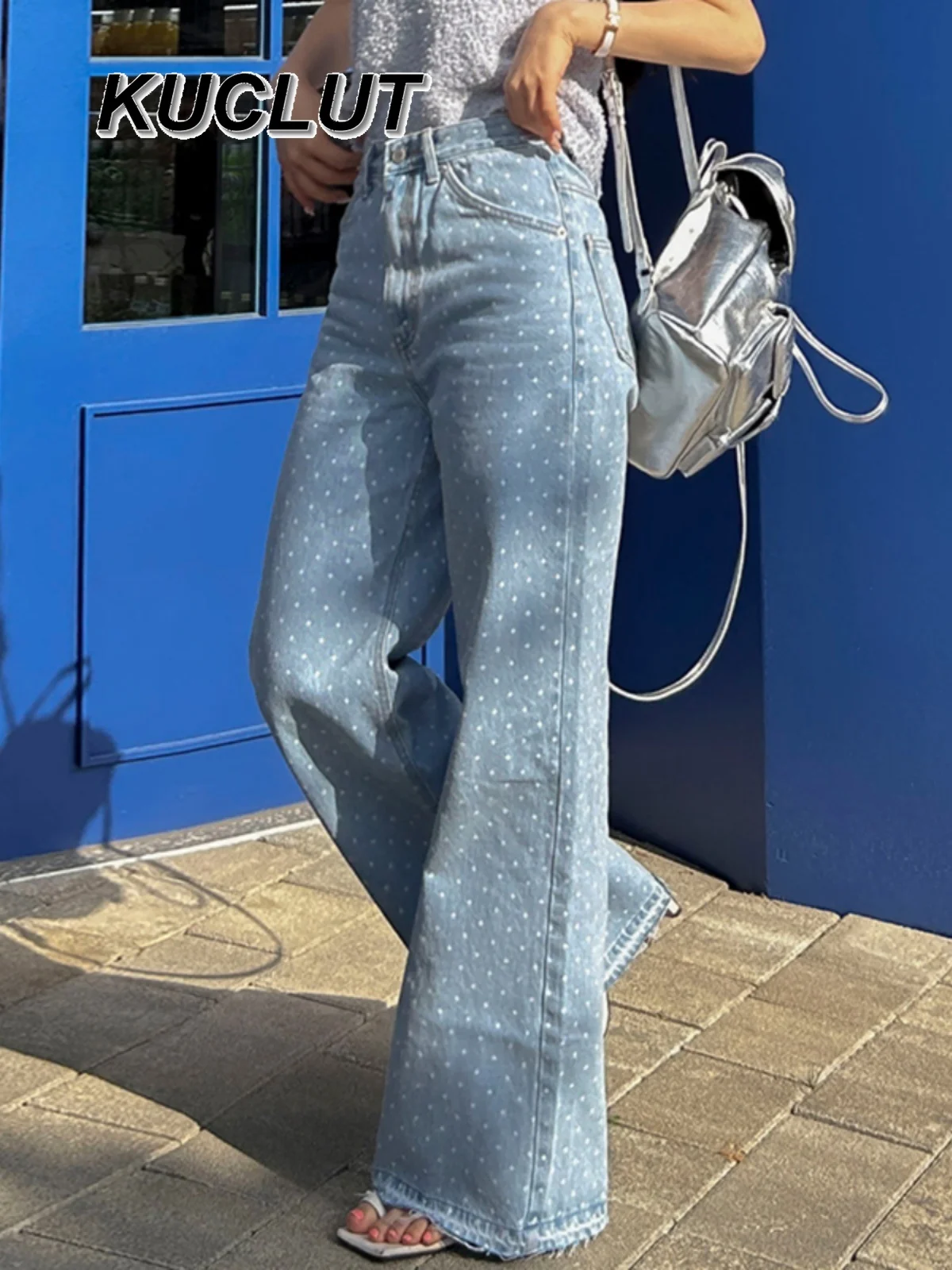 

Korean Style Spribng Autumn Ladies Denim Trousers Retro Versatile High Waist Thin Contrasting Polka Dot Wide Leg Jeans for Women