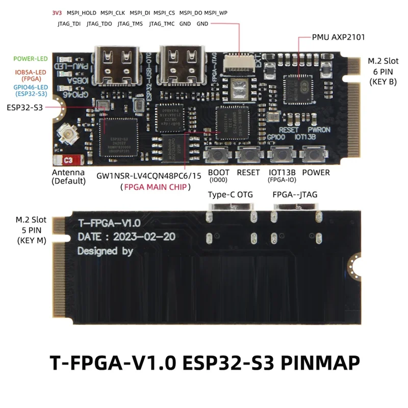 Placa de desarrollo A45F-T-FPGA ESP32-S3 ranura M.2 FPGA GW1NSR-LV4CQN48PC6/I5 microcontroladores de baja potencia Wifi módulo Bluetooth5