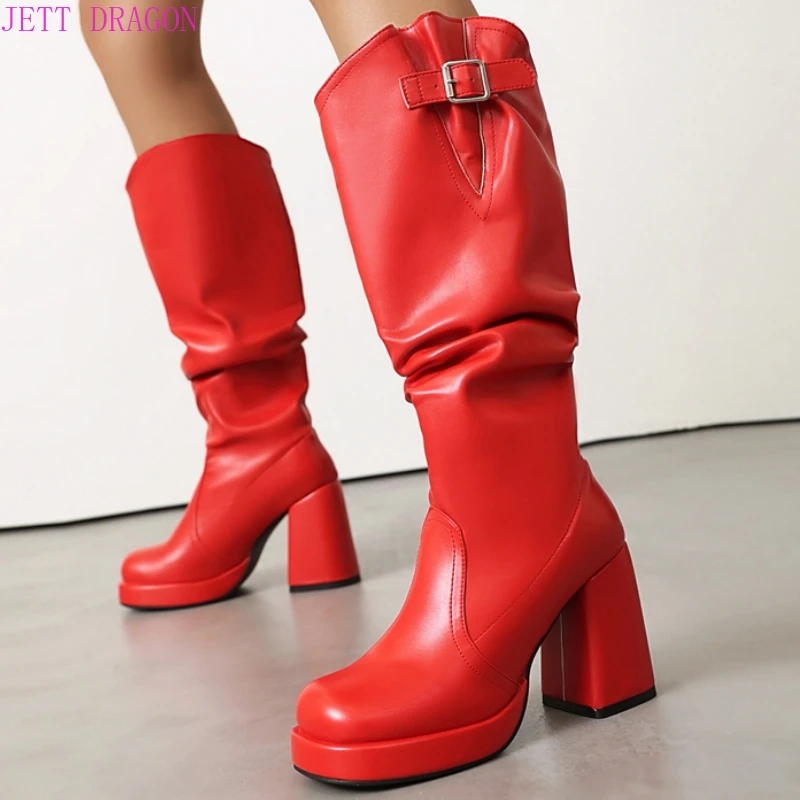 

Плиссированные красные женские сапоги до колена в западном стиле, черно-белые длинные сапоги для женщин, туфли для вечеринок на квадратном высоком каблуке, женские большие размеры 48