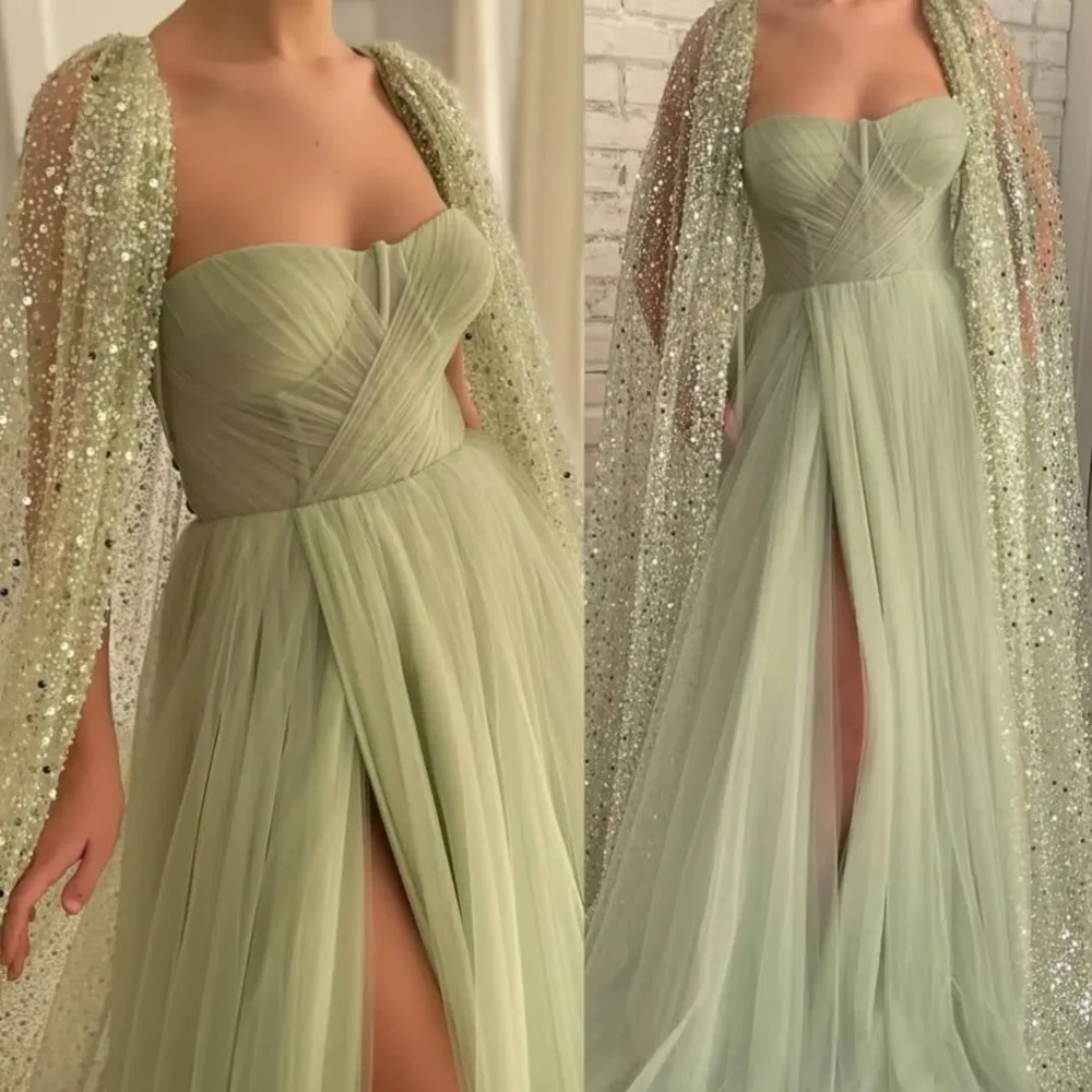 Shiny Long Green Strapless Tulle Sequin Prom Dresses Full Sleeves with Slit A Line Sweep Train فساتين للمناسبات الرسمية