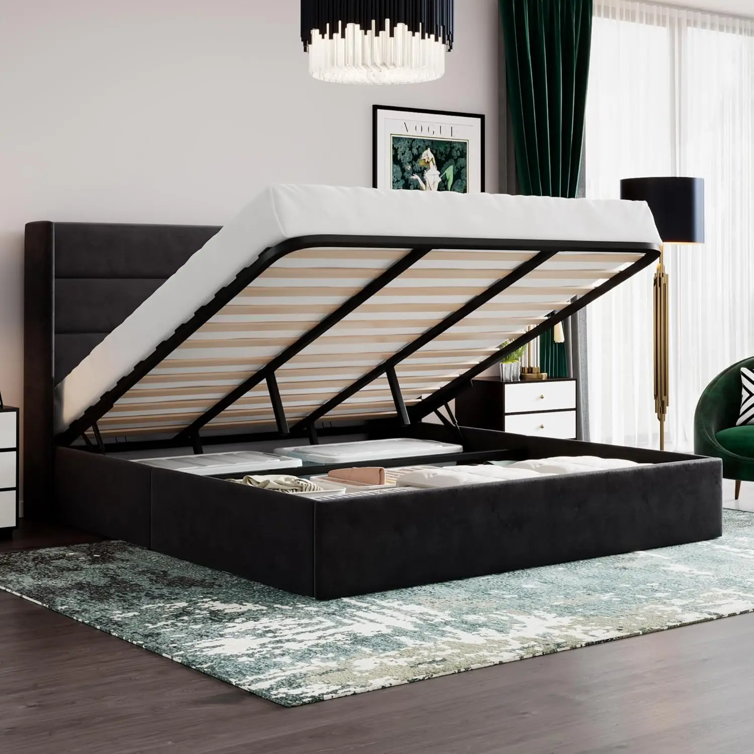 

Velvet Upholstered/Modern Wingback Headboard/Upholstered Platform Bed Frame/Hydraulic Storage/No Box Spring Needed/Black