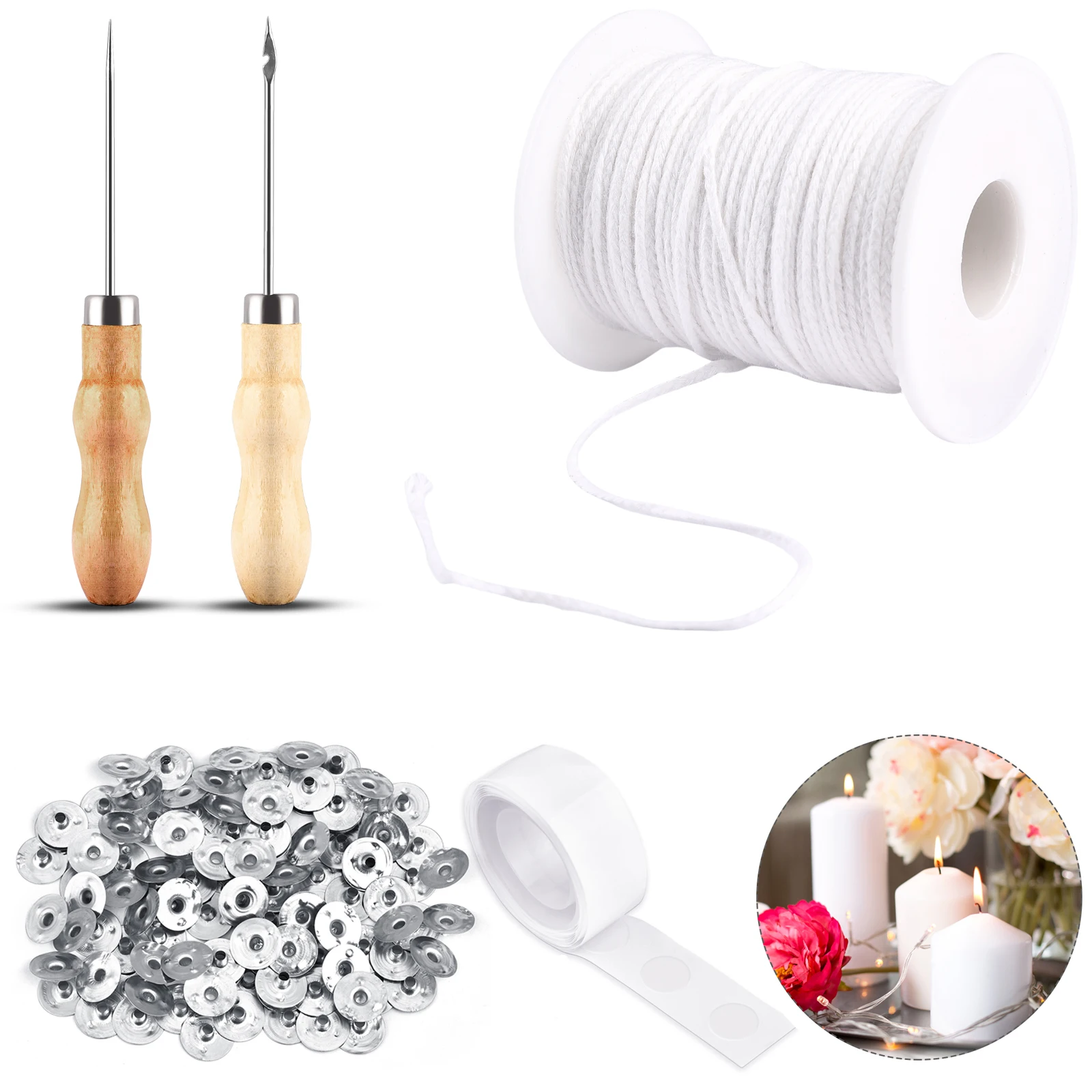 Juego de mechas para velas, 61 metros/rollo, mecha para velas blancas de algodón con pegatinas de Base, herramientas para hacer velas hechas a mano, accesorios ﻿