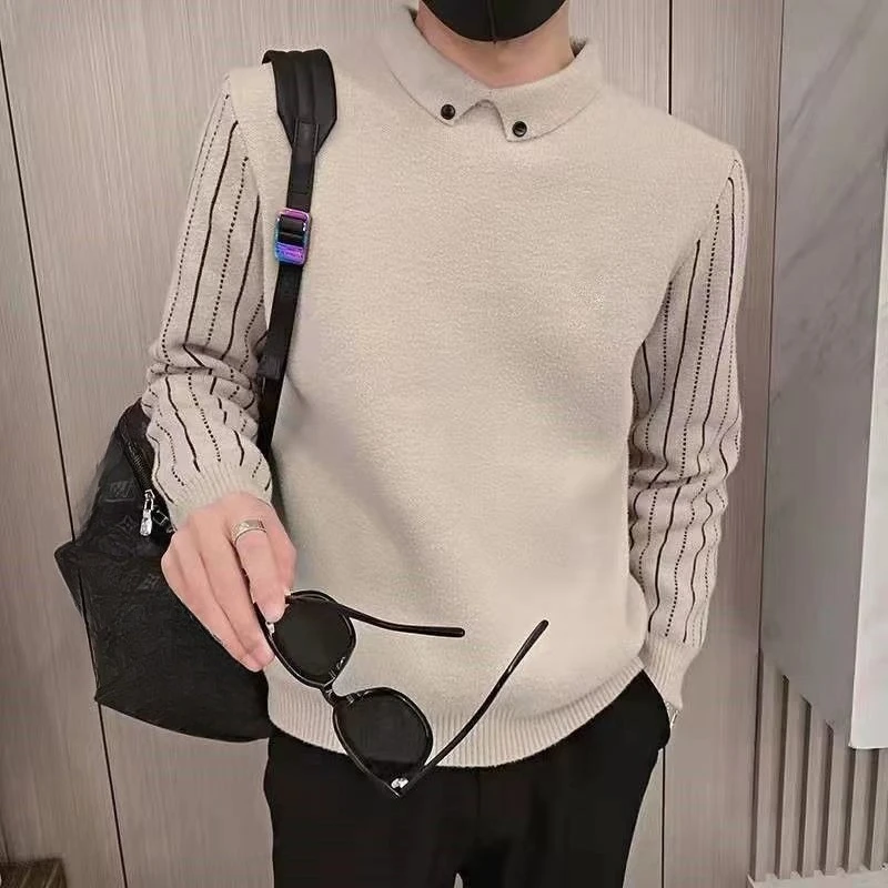 2026 New Polo Neck Faux Layered Men's Knit Pullover Striped Long Sleeve Inner Wear Autumn