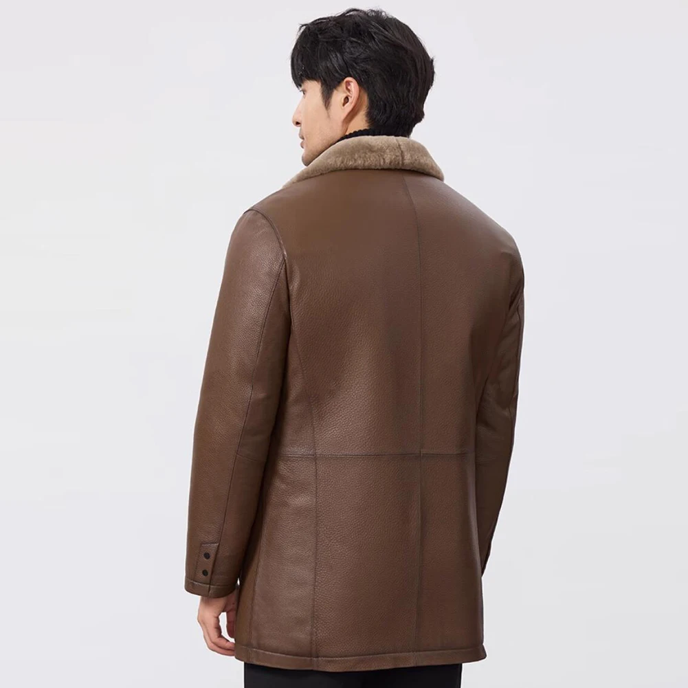 Denny&Dora Men's Genuine Shearling Leather Jacket B3 Aviator Bomber Coat - Brown Sheepskin Fur Lined Winter Warm Flight Jacket