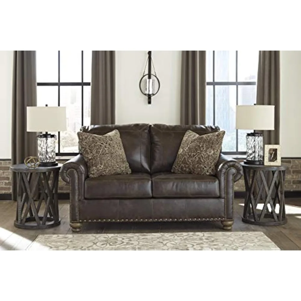 Nicorvo Vintagel Faux Leather Loveseat with Gold Nailhead Trim, Brown