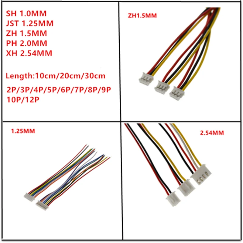 10pcs 1.0 1.25 1.5 2.0 2.54 Sh/jst/zh/ph/xh 1.0mm 1.25mm 1.5mm 2.0mm 2.54mm 2pin/3/4/5/6/7/10p Female Plug Connector With Wire