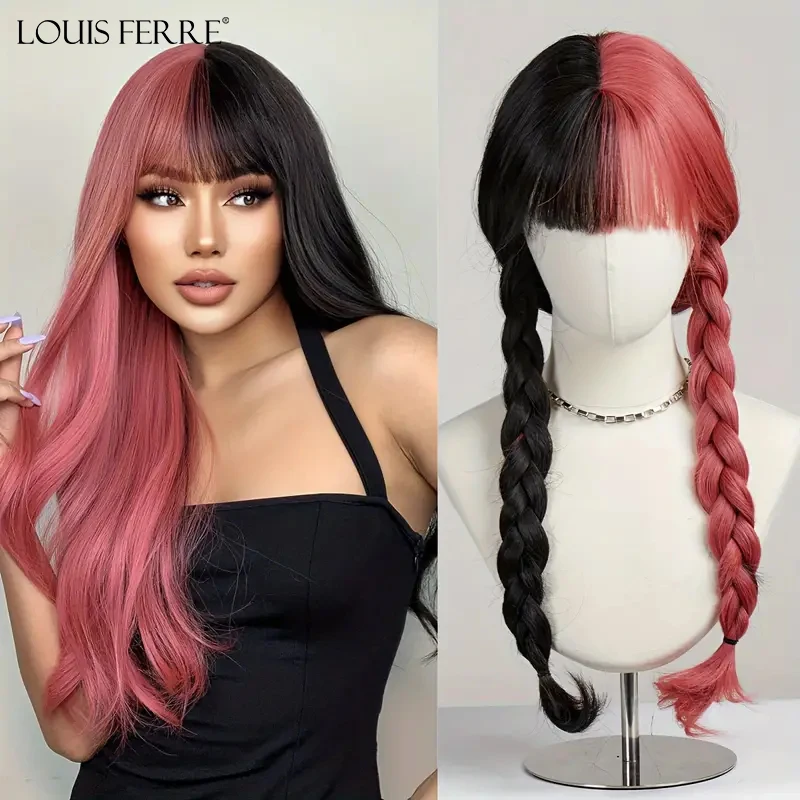 

LOUIS FERRE Длинные волнистые волосы для косплея Синтетические парики для женщин Черно-розовые парики с челкой Хэллоуин Вечеринка Натуральные искусственные волосы