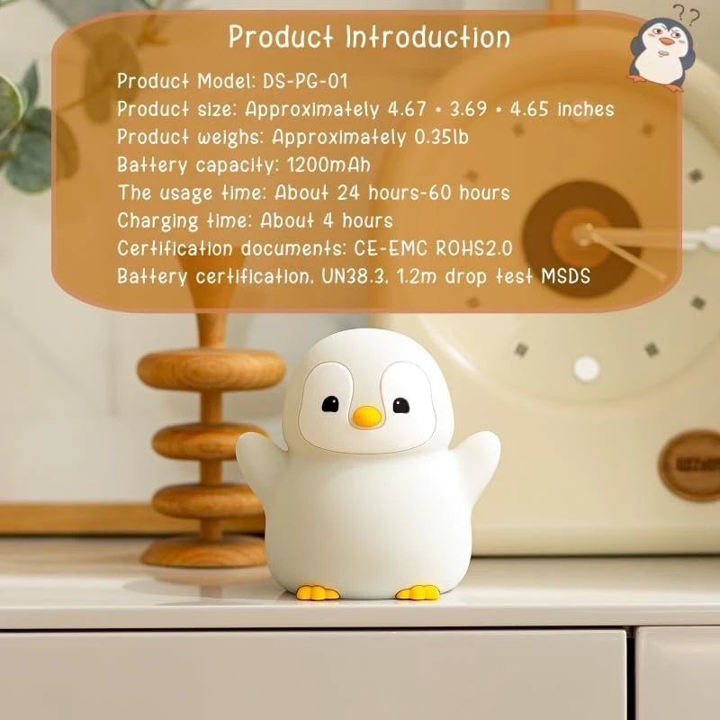 Penguin Nursery Night Light, LED Squishy Silicone Lamp, 2 Levels Dimmable Bedroom Nightlight for Kids, Touch Lights, Decor Lamps