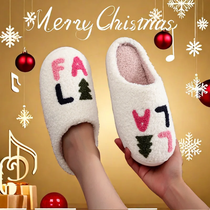 Christmas traditional autumn and winter velvet warm ladies cotton slippers men's Christmas songs non-slip home indoor hair mop