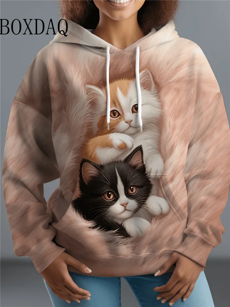 Cute Cat Animal 3D Print Women's Hoodies Autumn Long Sleeve Pocket Sweatshirts Drawstring Streetwear Pullovers New Woman Tops