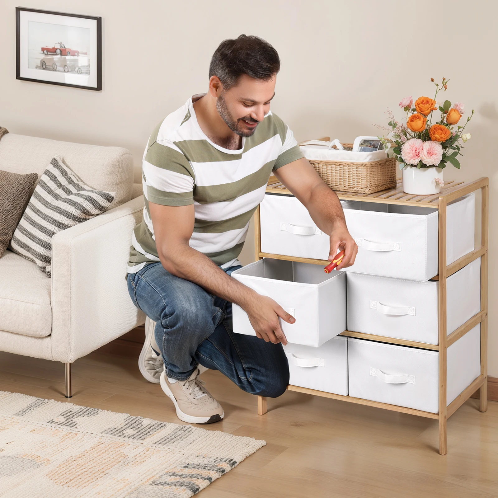 

Clothes Storage Box with 6 Baskets Wooden Shelf Furniture Multifunctional Sundries Organizer Shelf for Living Room Bedroom