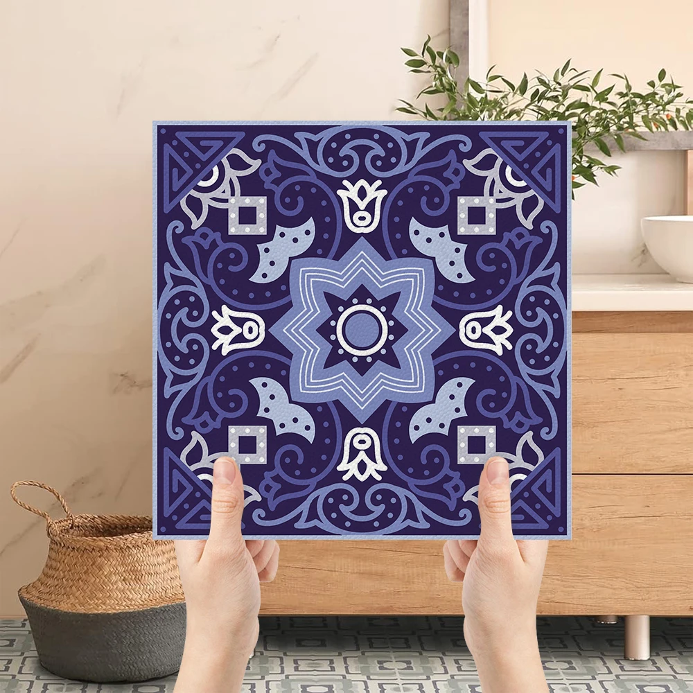 

10Pcs 30x30cm Blue Purple Moroccan Floral Peel and Stick Floor Tiles, Waterproof Removable Vinyl Stickers for Kitchen Bathroom