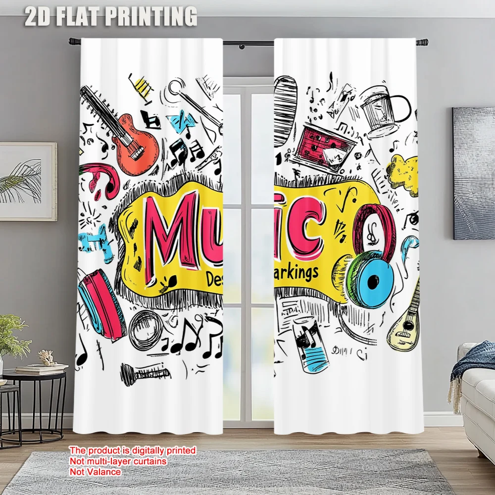 

2pc, Window Drapes Doodle Style Music Durable Polyester,Without Electricity Birthday Party Use for Bedroom living room