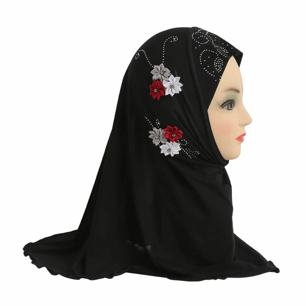 

Cute Flower Design Kids Hijab Jersey Material Pull On Style Girls Hijab Stretchable Breathable Islamic Headscarf Kids Girls