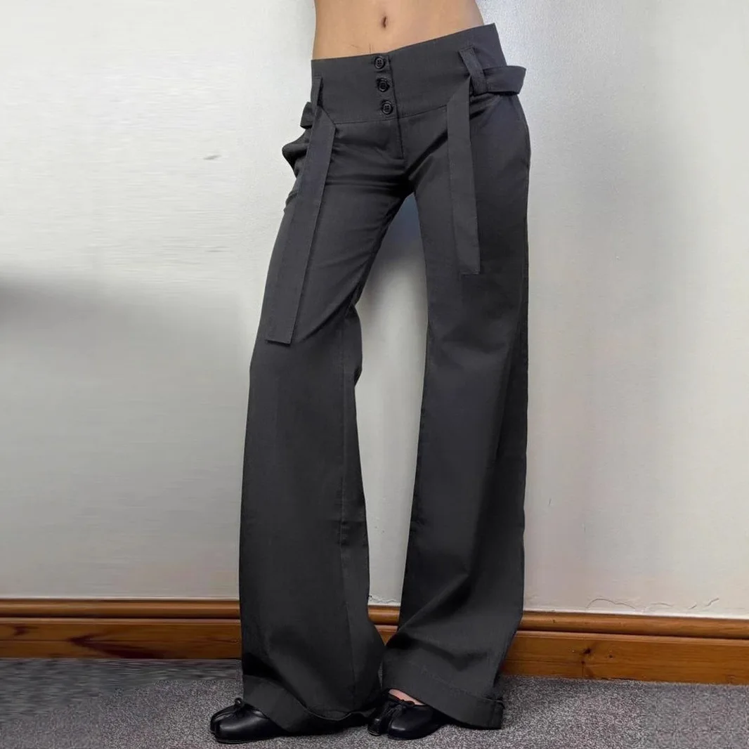 Y2K Suit Pants Women Three Button Low Waist Lace Up European American Urban Slim Fit Long Straight Leg Trousers