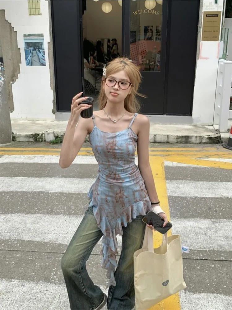 Y2k Tie-dye Asymmetrical Tank Tops Women Harajuku Gyaru Streetwear Vintage Aesthetic Japanese Style 2000s Ruffle Tops