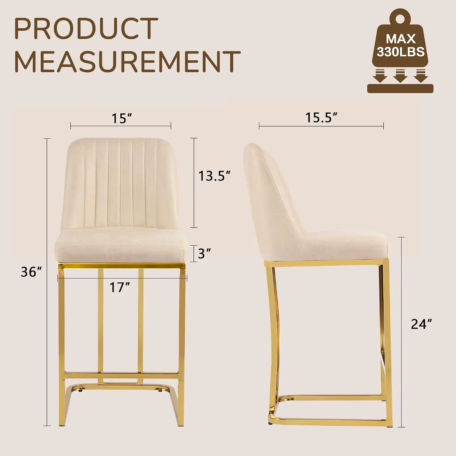Counter Stools Set of 4 with Back, Gold Metal Frame & Footrest, Modern Upholstered Bar Chairs for Kitchen Island, Customized