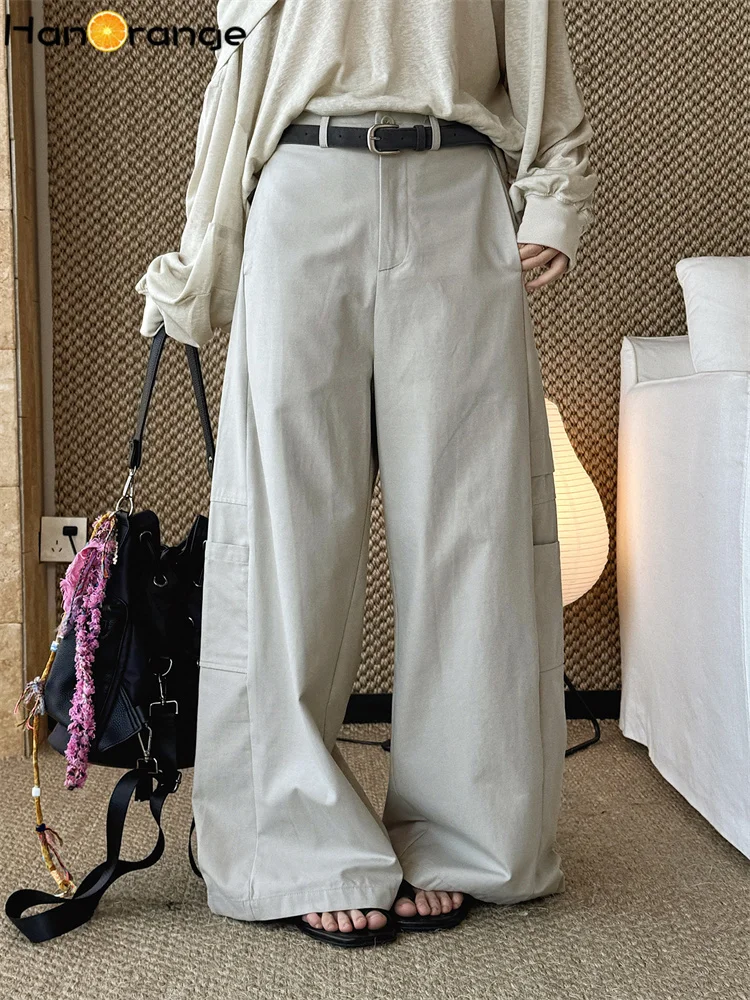 

HanOrange 2026 Summer Large Pockets with Belt Wide Leg Pants Women Loose Silhouette Trousers White/Apricot/Dark Gray/Navy Blue