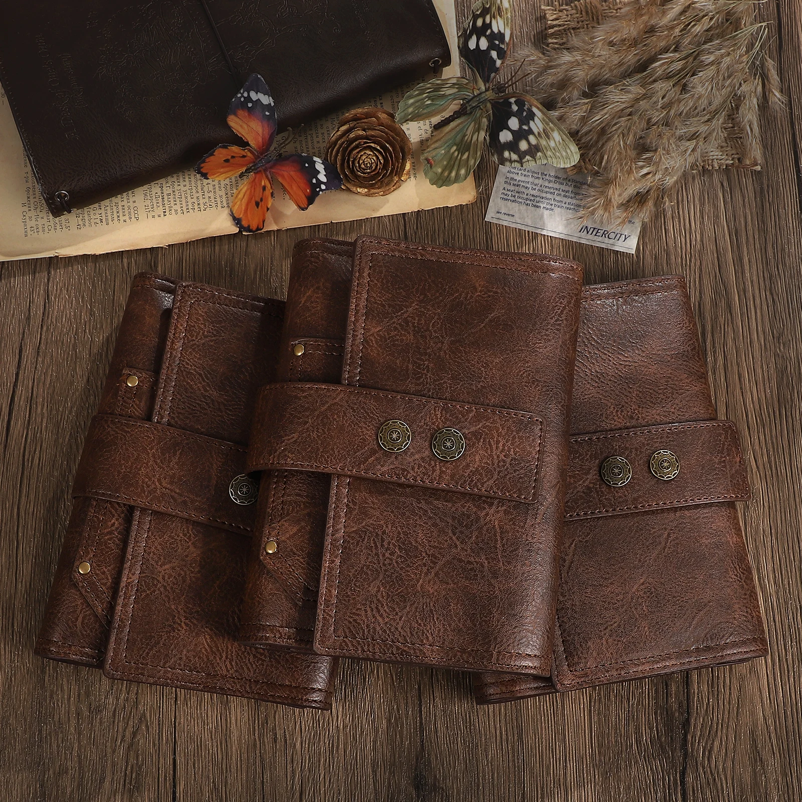 A6 Vintage PU Leather Cover Double-buckle Loose-leaf Notebook Creative DIY Journal Material Collage Student Supplies Stationery