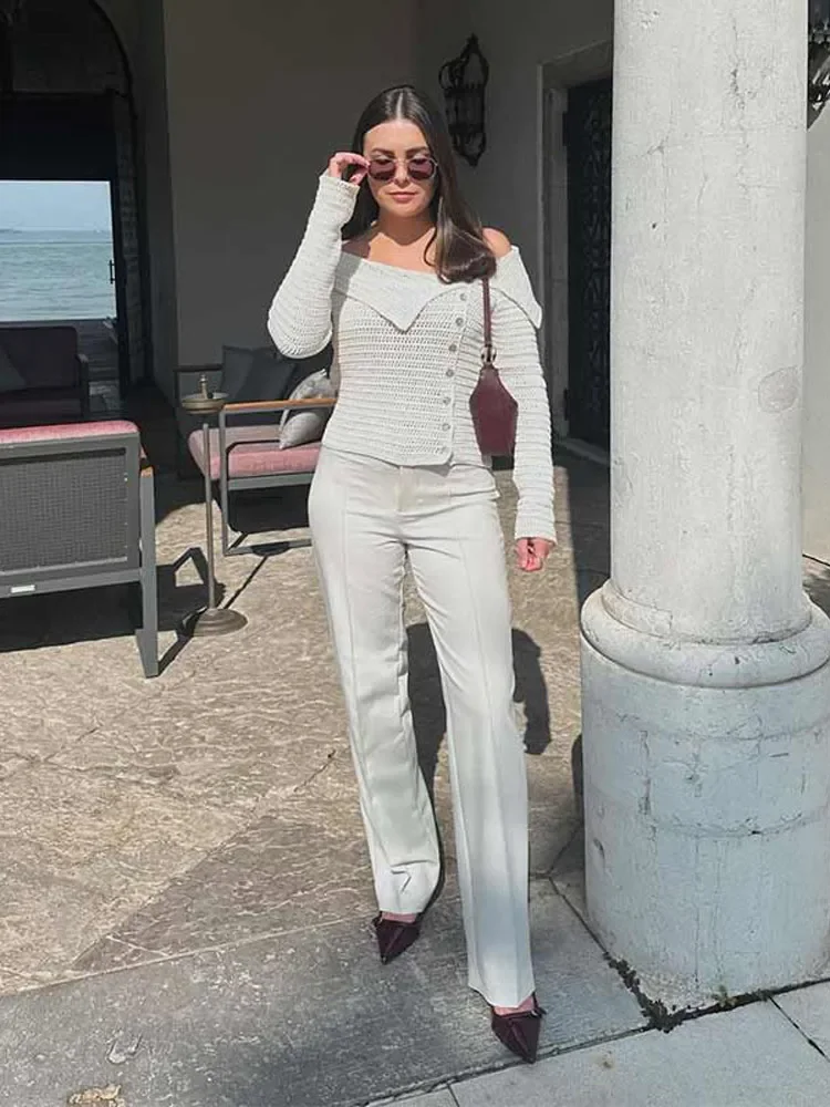 Women Elegant Solid Diagonal Collar Buttons Knitted Sweater Casual Long Sleeve Warm Pullover 2024 Autumn Lady Street Knitwear 