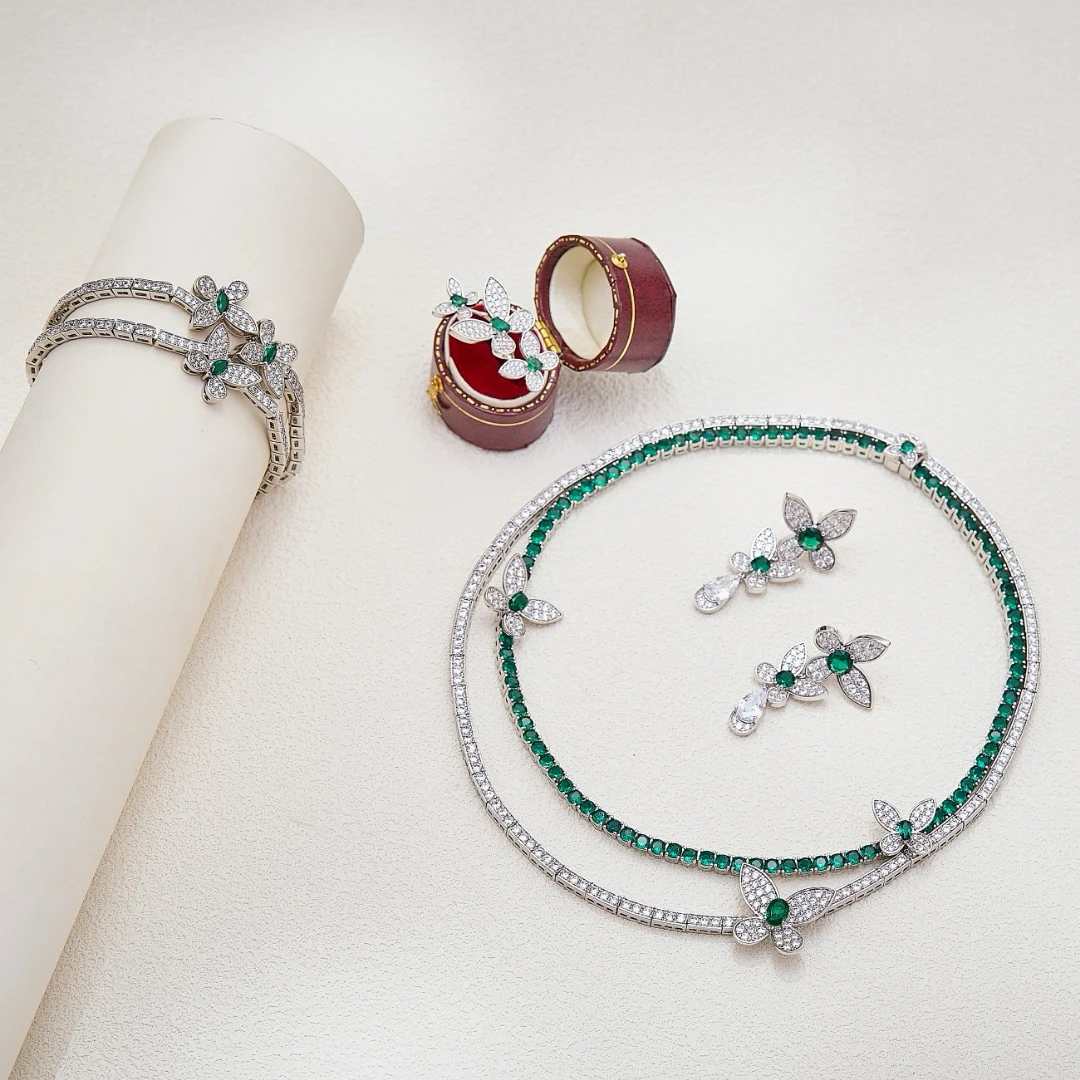 AY New Luxury Elegance AAA Zirconia Double-Layer Butterfly Necklace Earrings Bracelet Ring For Women Wedding Party Jewelry Set