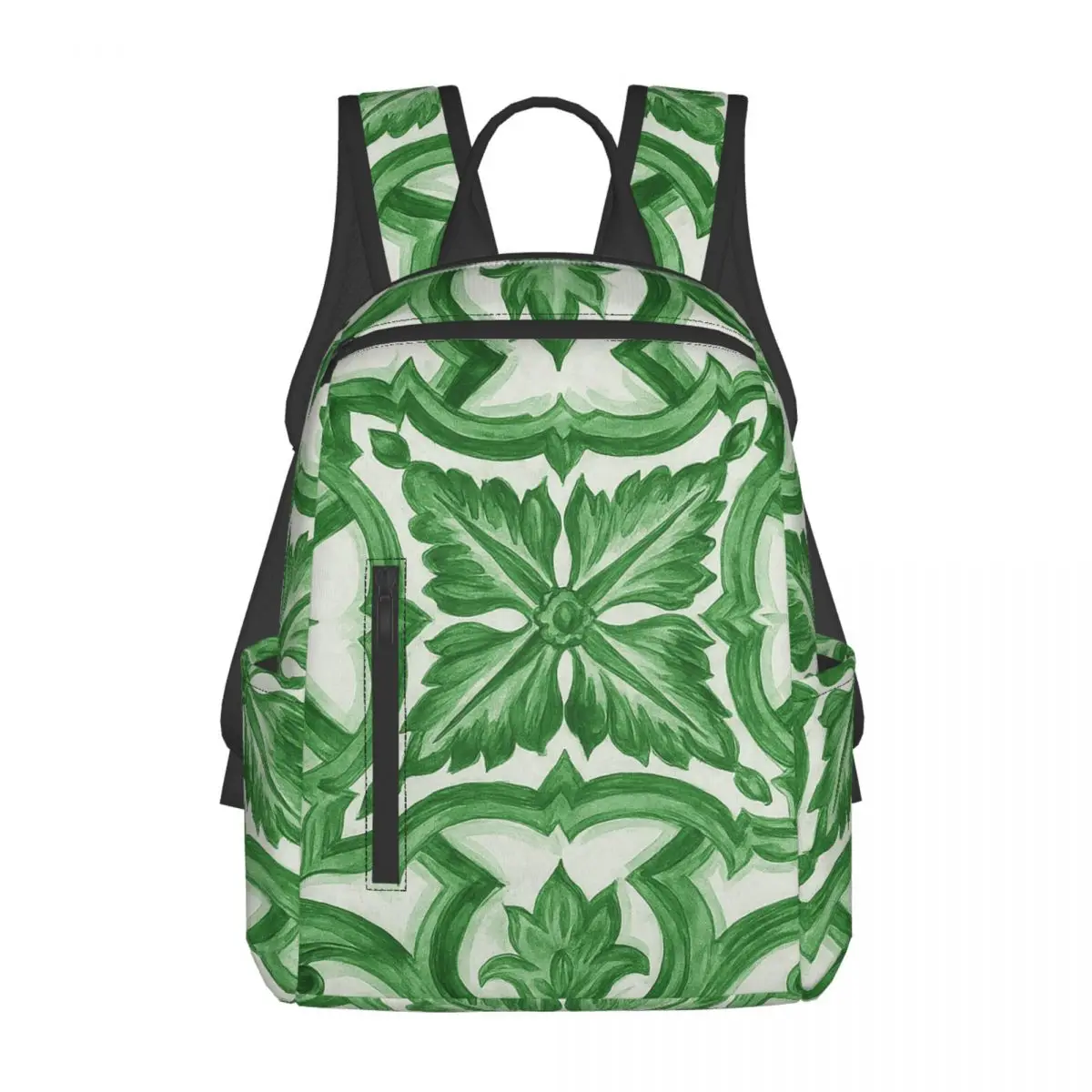 Green Ornate Floral Mediterranean Sicilian Tile Backpack Daypack Large Capacity BookBag School Bag Shoulder Bags for Men Women