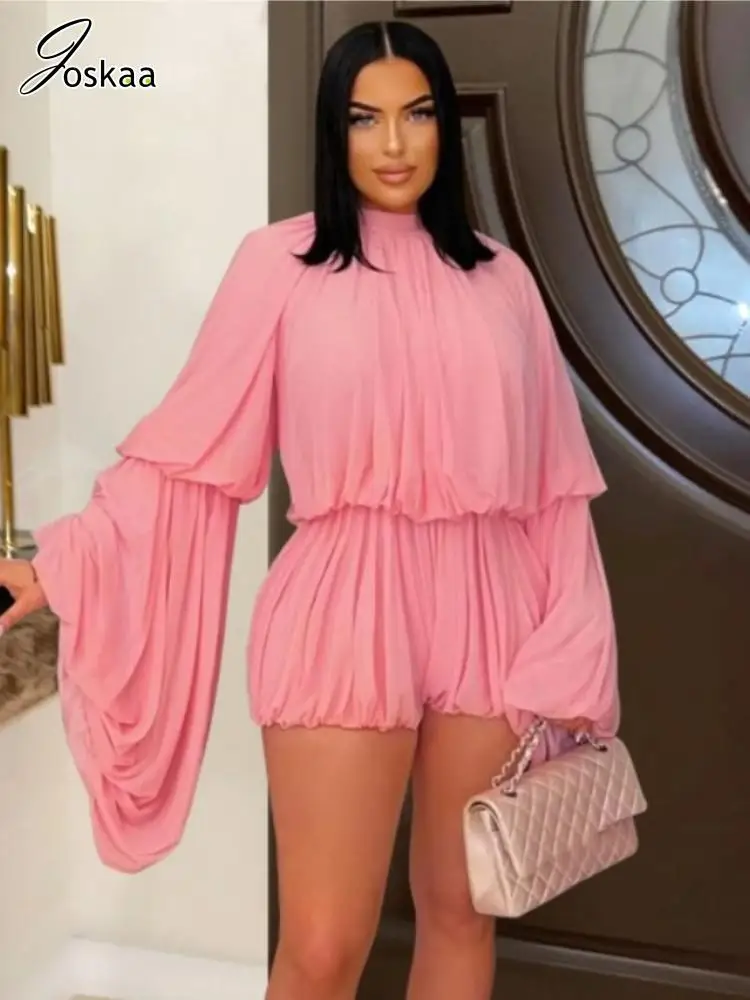 

Joskaa 2025 Autumn Women's Pleated Playsuits Casual O-Neck Flare Sleeve Bodycon One Piece Rompers Fashion Overalls Streetwear