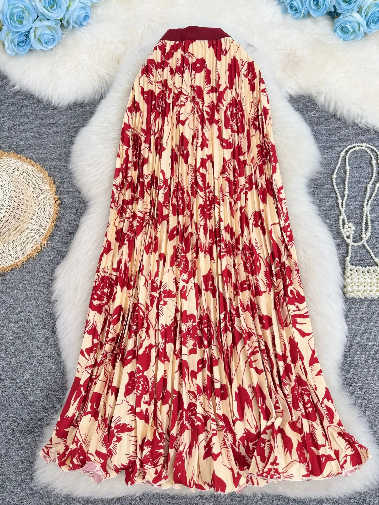 Harajuku Red Geometric Print Pleated Maxi Skirt High-waisted A-line Flowy Skirt For Women Elegant Office Beach Vacation Outfits