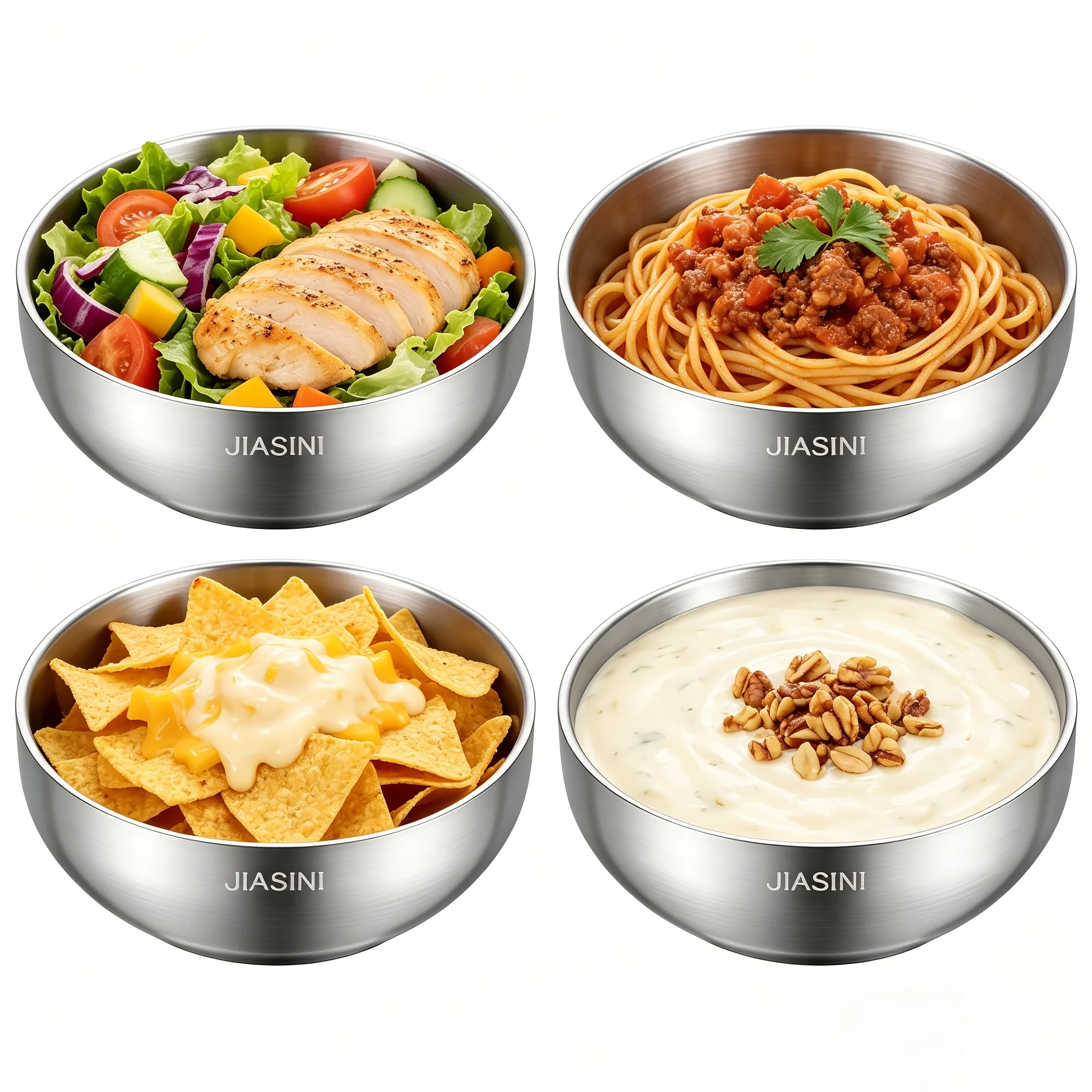 4Pcs Double-Layer Stainless Steel Bowls, Durable Deep Soup and Cereal Bowls, Suitable for Hot Soups, Pasta, and Salads, Ideal for Home Kitchens and Camping, Suitable for Hot and Cold Foods, Deep Round Metal Bowls, Perfect for Soups, Pasta, and Cereals, a Must-Have for Kitchen and Dining