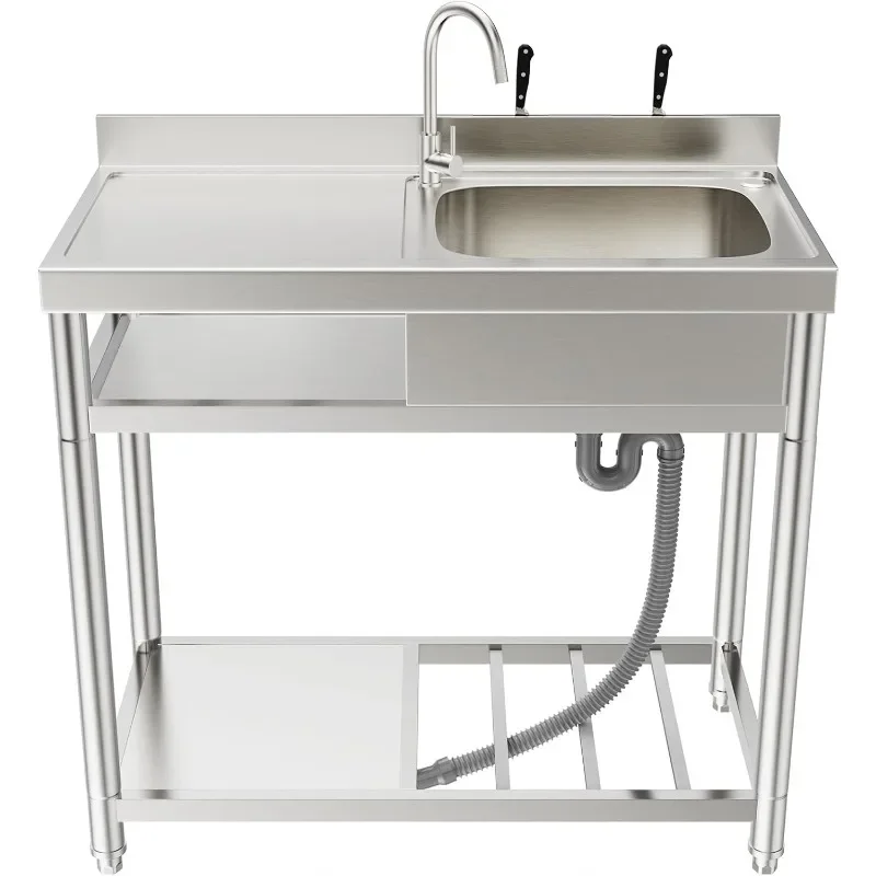 

Commercial Restaurant Kitchen Sink, Stainless Steel Single Bowl Utility Sink Set, Outdoor Sink with Workbench & Storage Shelve