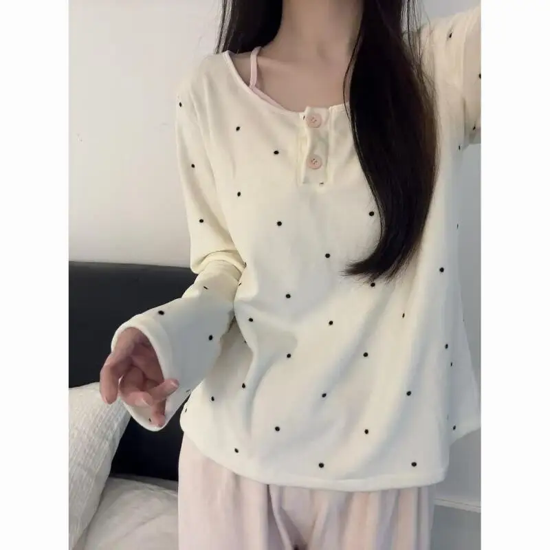 

Korean Style Pajamas Sweet Style Polka Dot Pajamas for Women Autumn and Winter Soft Long Sleeves with Chest Pads Home Wear Set