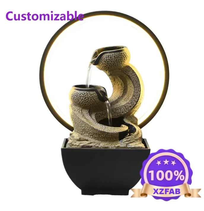 Factory Direct 2026 Zen Wabi Sabi Resin Tabletop Water Fountain With LED Ring Light Hand Painted For Home Office Bedroom Living