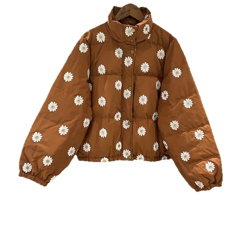 

【Подарок бесплатно】Осенне-зимний теплый облегающий короткий пуховик в свежем стиле с вышивкой в виде тяжелых ромашек и воротником-стойкой 2025