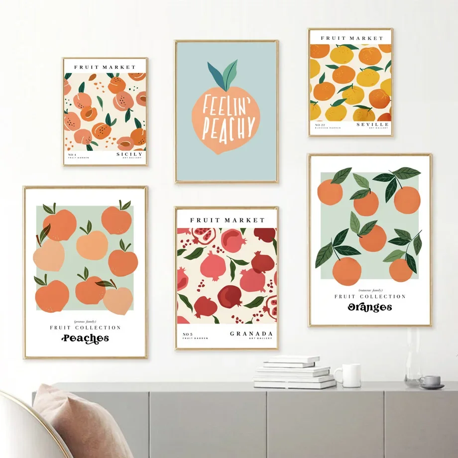 Abstract Fruit Market Wall Art, Orange, Lemon, Peach, Nordic Poster, Canvas Painting and Prints, Wall Pictures for Living Room D