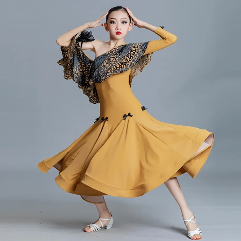 Kaffee-Druck, Ausschnitt, eine Schulter, für Mädchen, moderne Tanzbekleidung, Walzer, Gesellschaftstanz, Swing-Rock, Eiskunstlauf-Kleider, Ballsaal-Kostüme