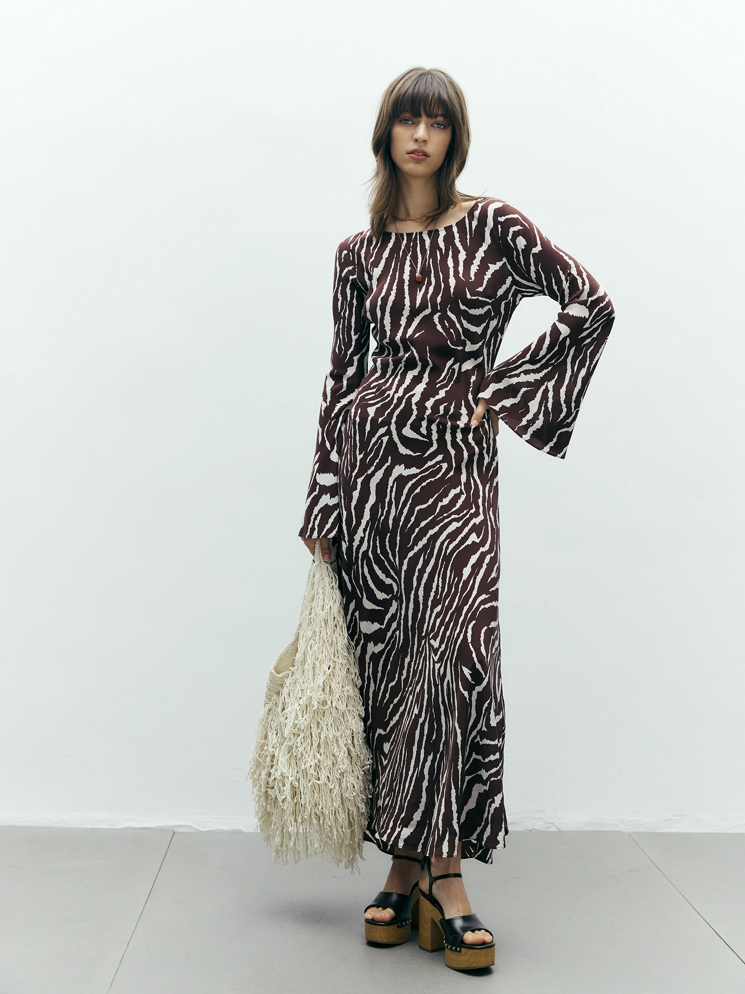 Chyan Holiday Sle Bell Sve Lange Zijde Dr Zebraprint Vloerlengte Echte Zijde Lange Dr ronde Neline l Taille