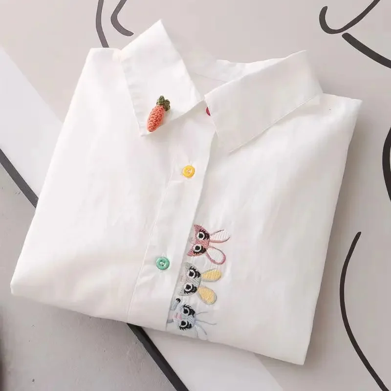 

Nice Women Spring Autumn Style Blouses Shirts Lady Casual Long Sleeve Turn-down Collar Cartoon Embroidery Blusas Tops