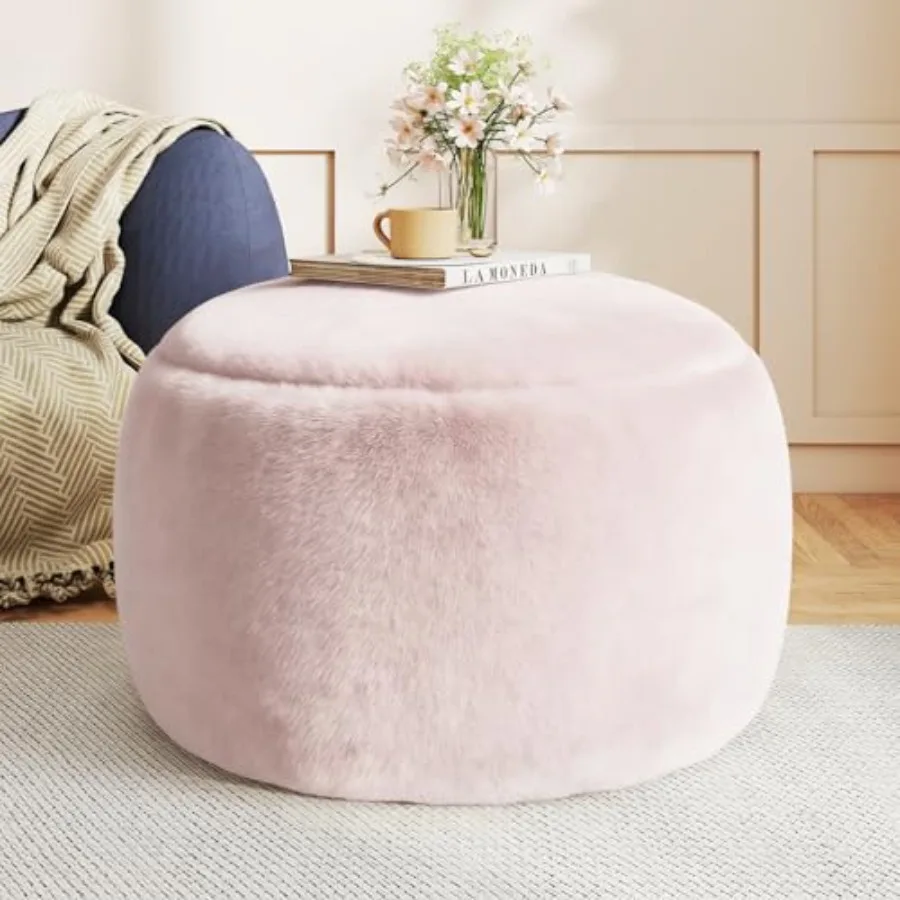 

Round stuffed pouf ottoman for living room, nursery, dorm: foam-filled, soft modern feet stool in neutral color, 29-inch diamet