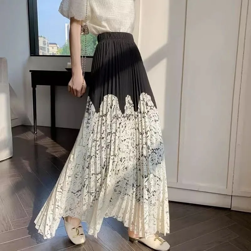 

French Lace Stitching Pleated Skirt For Women Summer New Cover-up High Waist Long Skirt