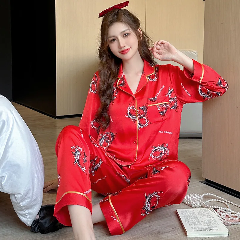 Lapel Printed Satin Women Pajamas Set Summer Sleepwear Long Sleeve Shirt Trouser Elastic Waist Pijamas Suit Homewear