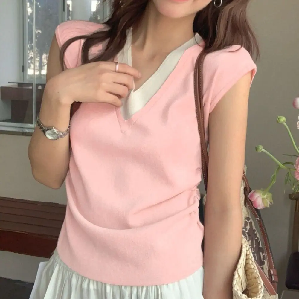 

Simple Patchwork Fake Two Pieces T-shirts V-neck Short Sleeve Slim Crop Top Korean Style Sweet Girl's Top Streetwear