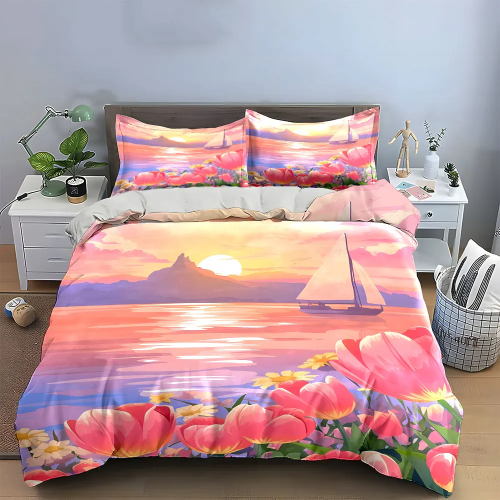 

Sailing Sunset Floral Art Decor Bedding Set with 1 Duvet Cover 2 Pillowcases Single Double King Queen, Gift