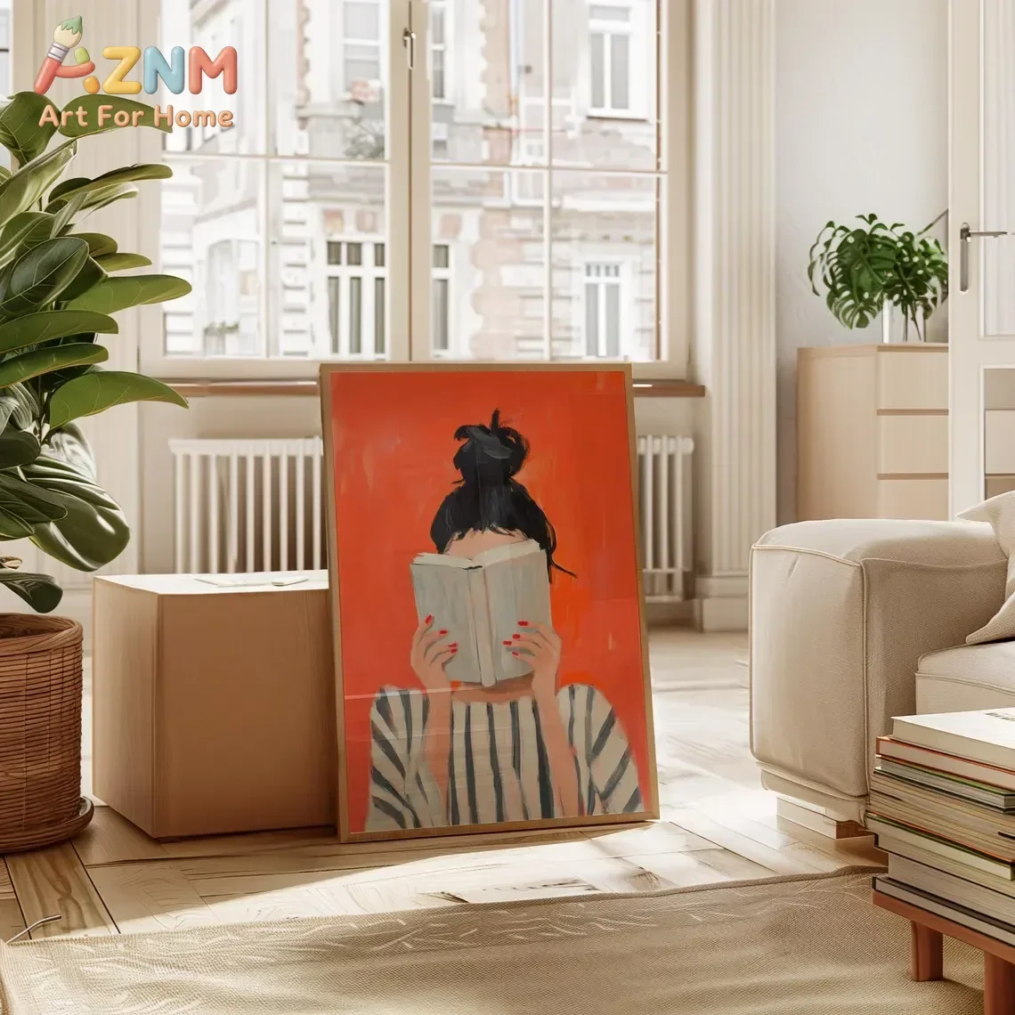 AZNM Orange Background Woman Reading Book Canvas Wall Art, Messy Bun Girl Striped Shirt Oil Painting Print, Book Lover Trendy Po