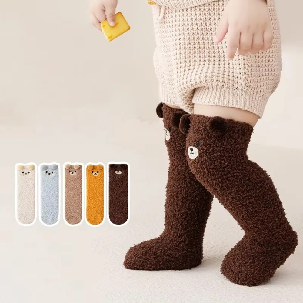 

Cartoon Bear Design Baby Socks Thickened Coral Velvet Infants Stocking Warm Knee Protection Plush Socks for 0-5year Kids