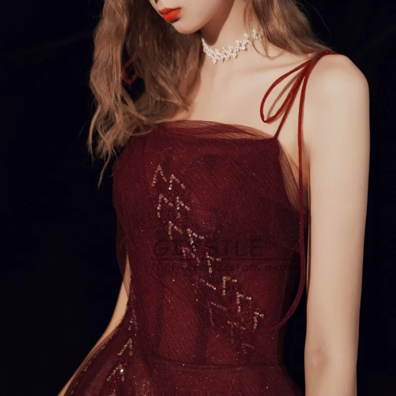 GIYSILE Abito da sera rosso vino 2025 New Fairy Paillettes Tube Top senza maniche Primavera Matrimonio Temperamento Atmosfera semplice Slim