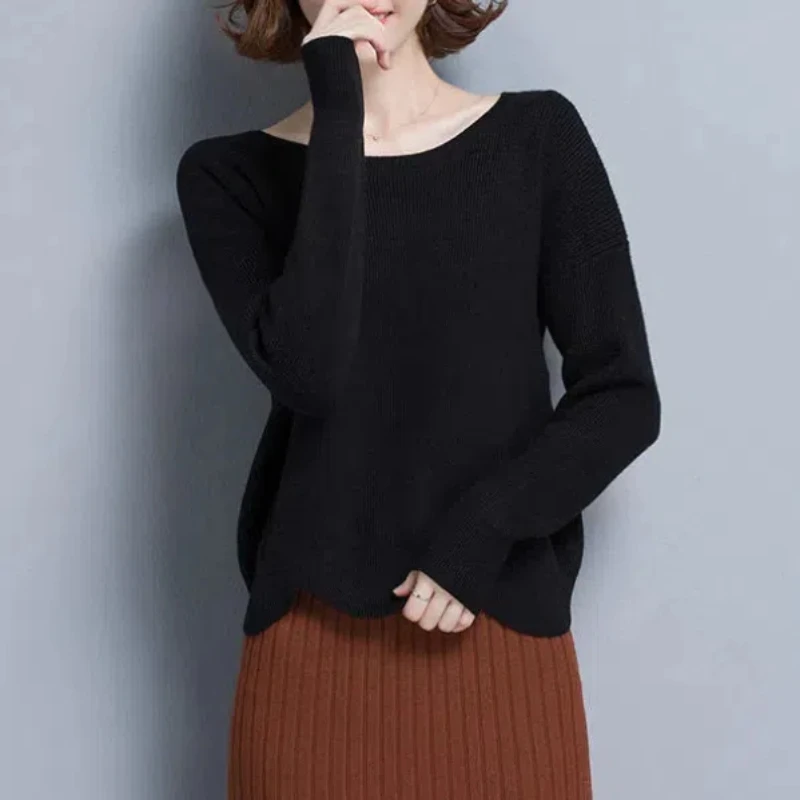 Women's Clothing Round Neck Solid Color Screw Thread Pullover Sweater Knitted Elegant Long Sleeve Office Lady Screw Thread Tops